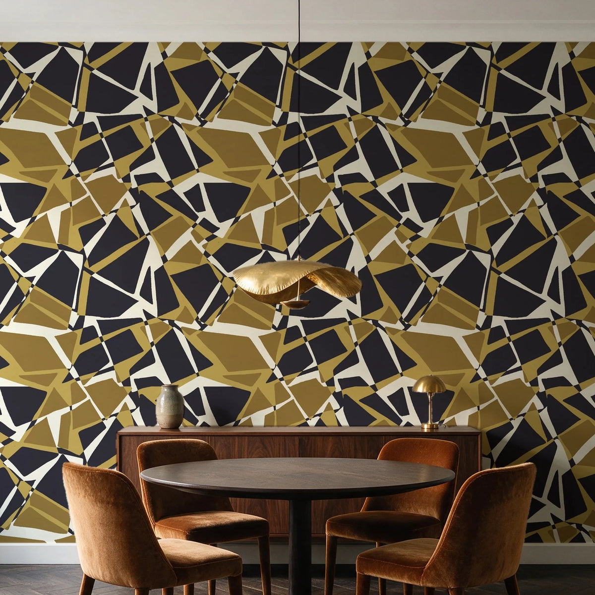Muted Block Graphite geometric wallpaper behind a walnut credenza and round table in an elegant dining room