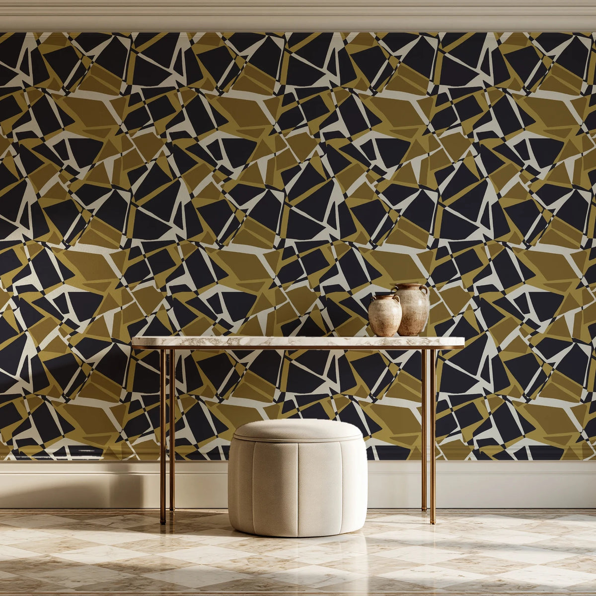 Muted Block Graphite geometric wallpaper on the wall of a grand entry foyer