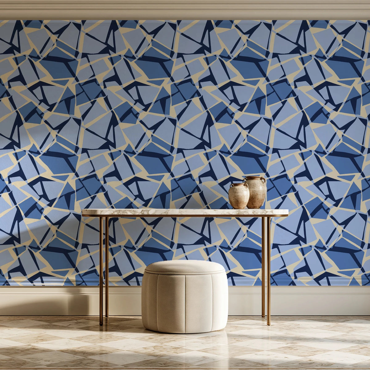 Muted Block Indigo geometric wallpaper on the wall of a grand entry foyer