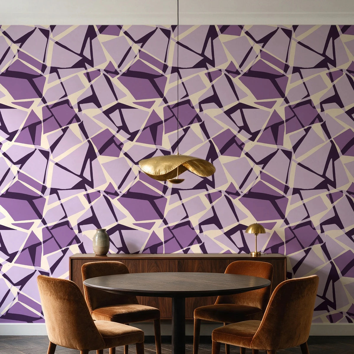Muted Block Plum geometric wallpaper behind a walnut credenza and round table in an elegant dining room
