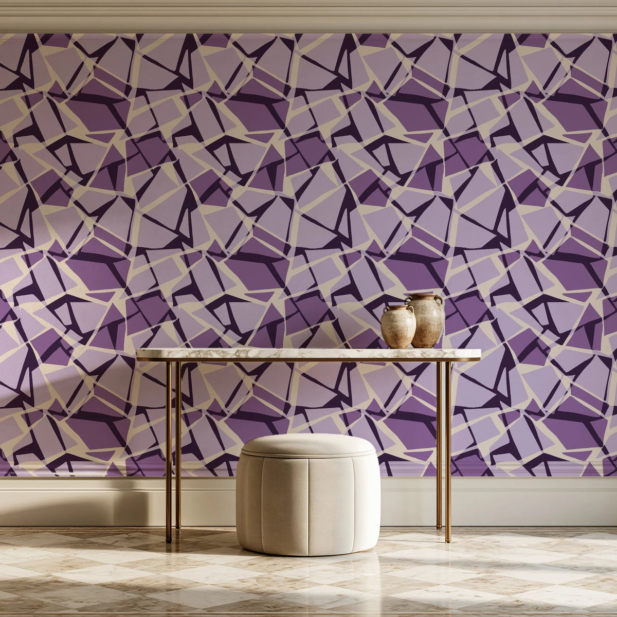 Muted Block Plum geometric wallpaper on the wall of a grand entry foyer