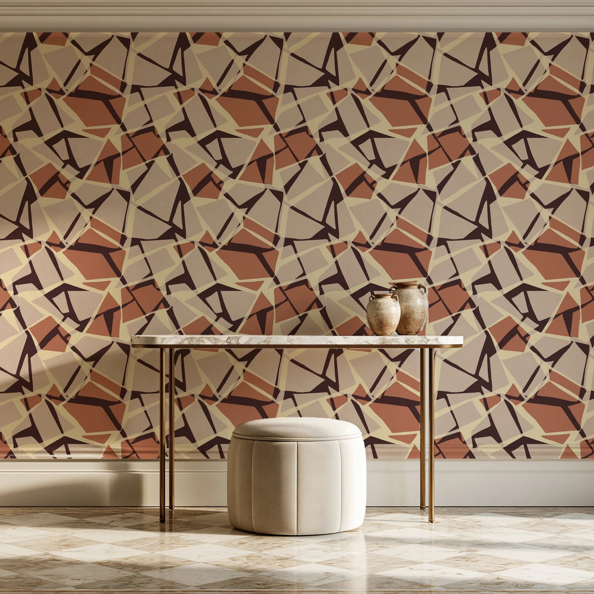 Muted Block Terracotta geometric wallpaper on the wall of a grand entry foyer