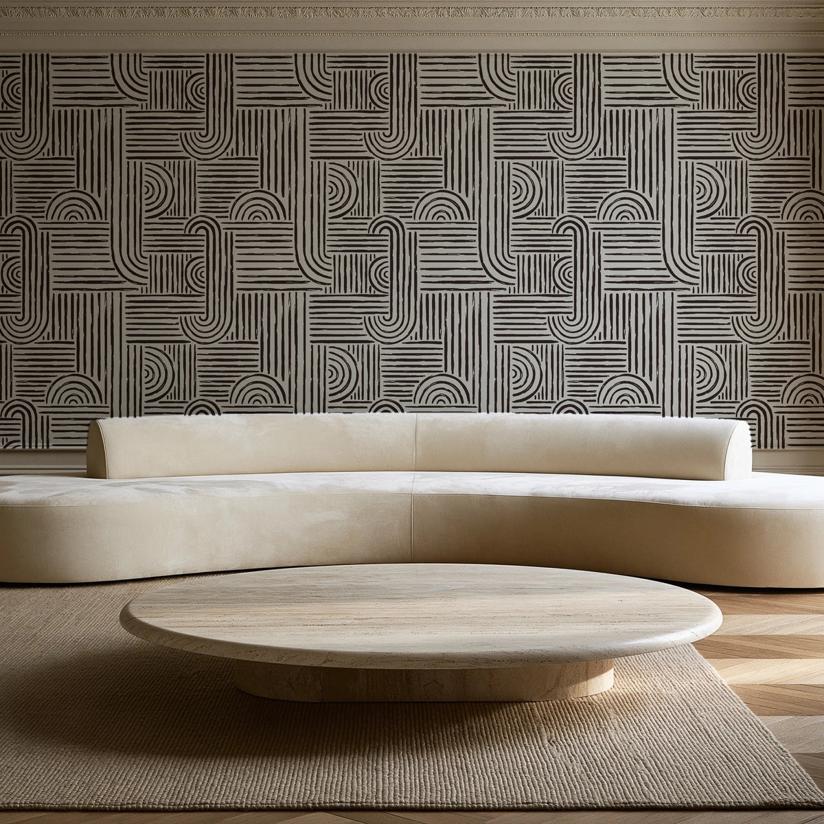 Nomad Stripe Espresso geometric wallpaper in an elegant living room
