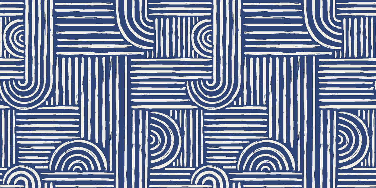 Nomad Stripe Indigo geometric wallpaper in indigo and ivory