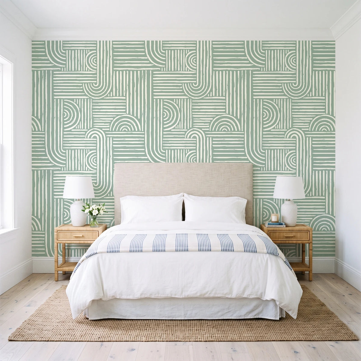 Nomad Stripe Sage geometric wallpaper behind a queen bed in a bright coastal bedroom