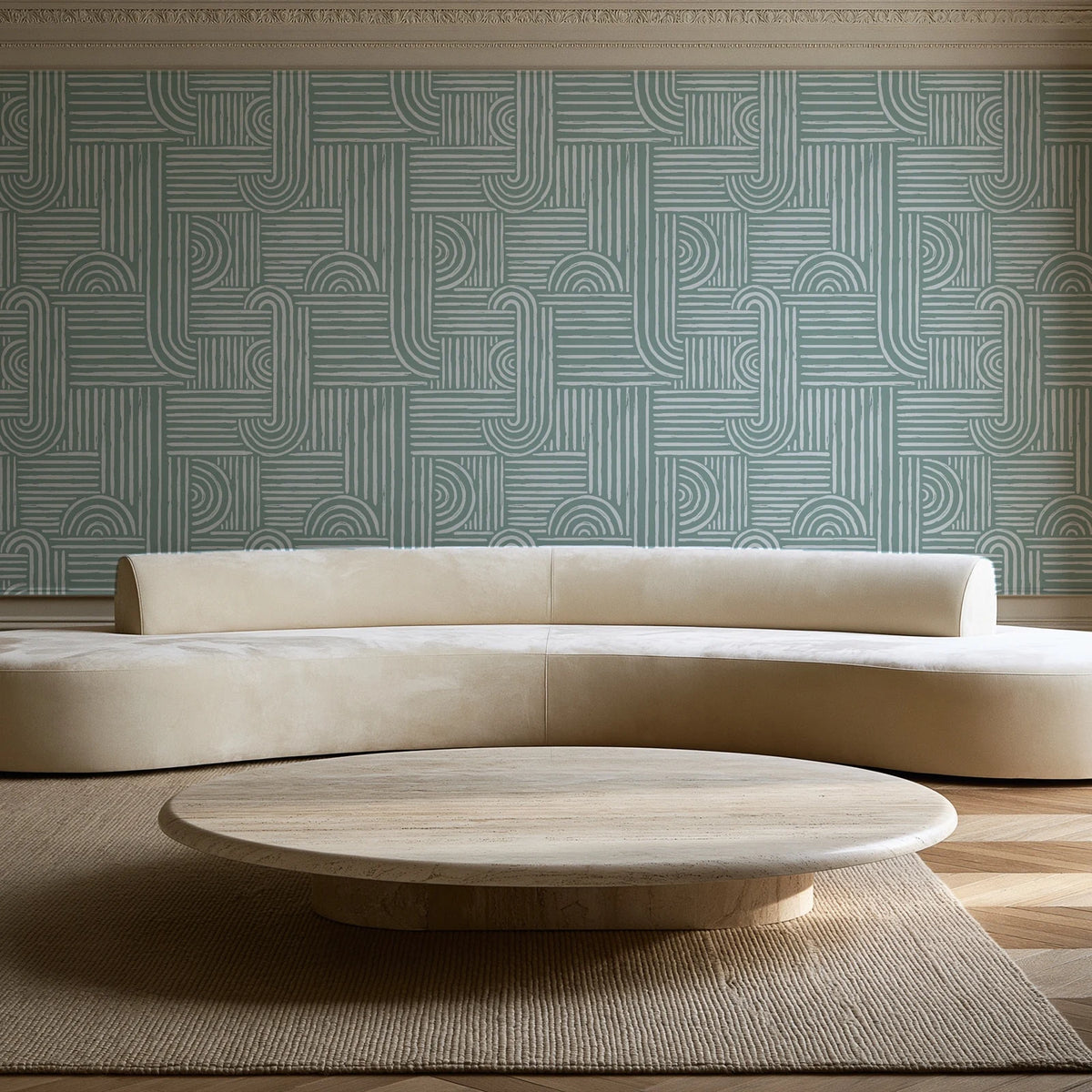 Nomad Stripe Sage geometric wallpaper in an elegant living room