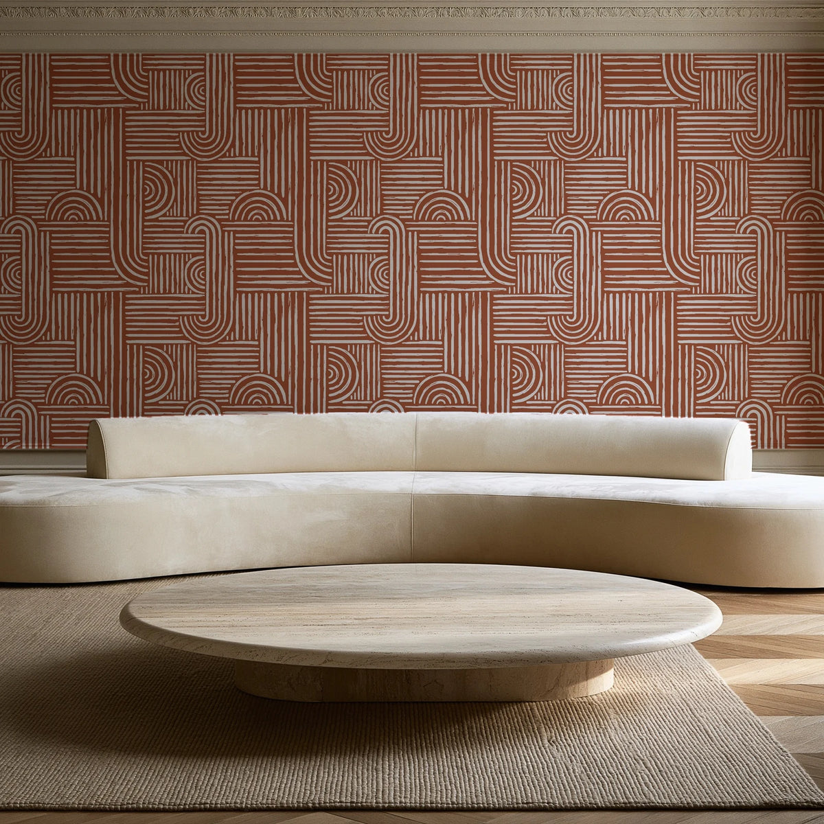 Nomad Stripe Terracotta geometric wallpaper in an elegant living room