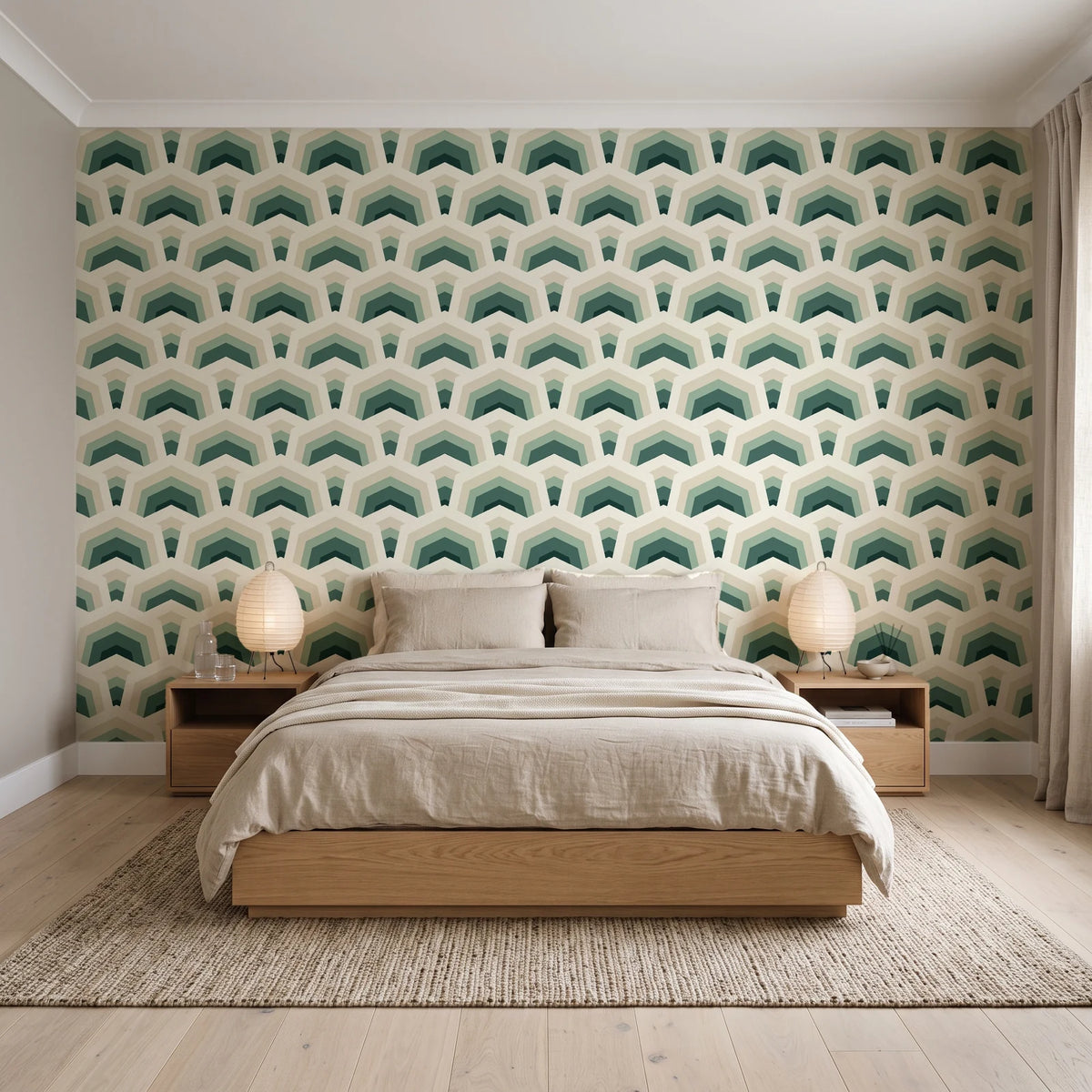 Ocean Fortress Ivory art deco scale wallpaper behind a low platform bed in a serene Japandi bedroom