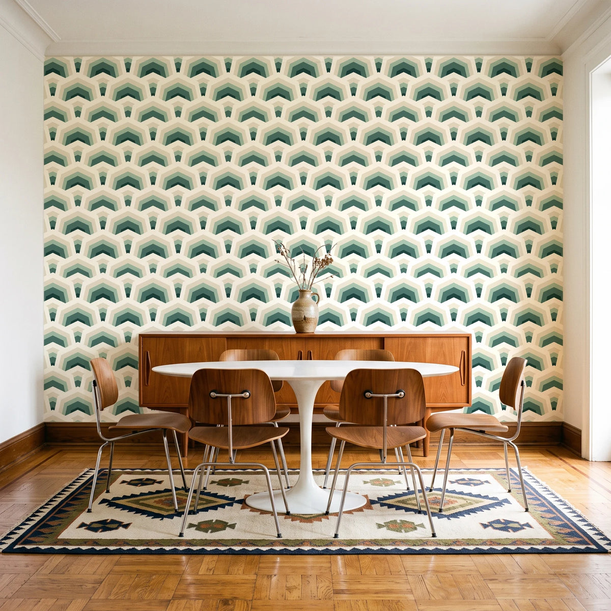 Ocean Fortress Ivory art deco scale wallpaper in a mid-century dining room with a teak sideboard and tulip table
