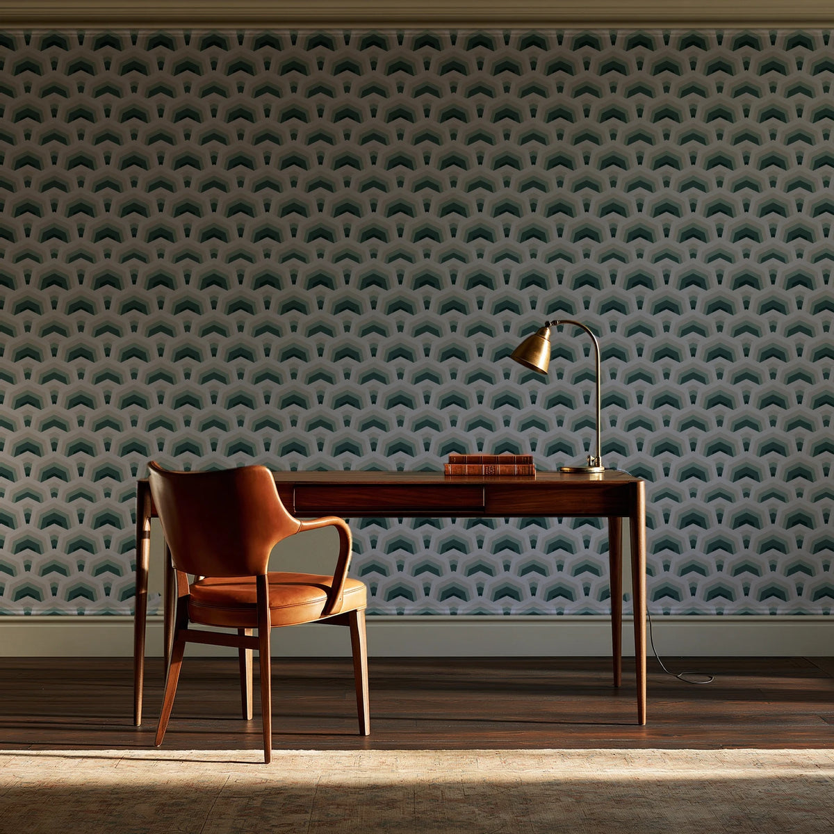 Ocean Fortress Ivory art deco scale wallpaper as a feature wall in a home study