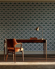 Ocean Fortress Ivory art deco scale wallpaper as a feature wall in a home study