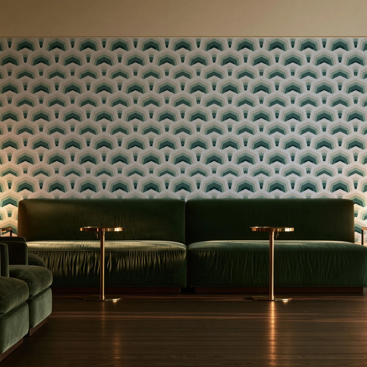 Ocean Fortress Ivory art deco scale wallpaper in an intimate luxury cocktail lounge