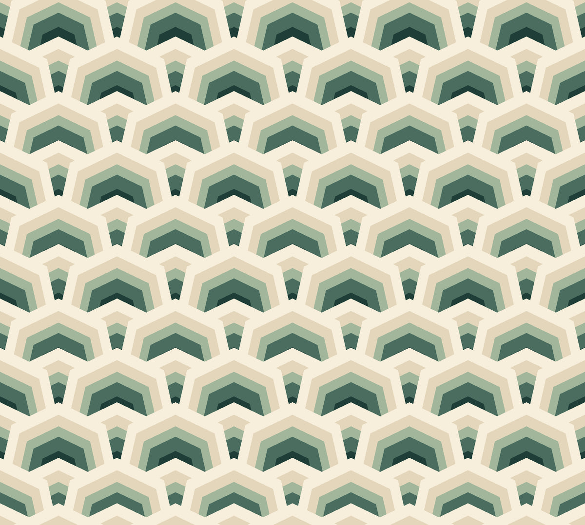 Ocean Fortress Ivory art deco scale wallpaper in ivory and forest green