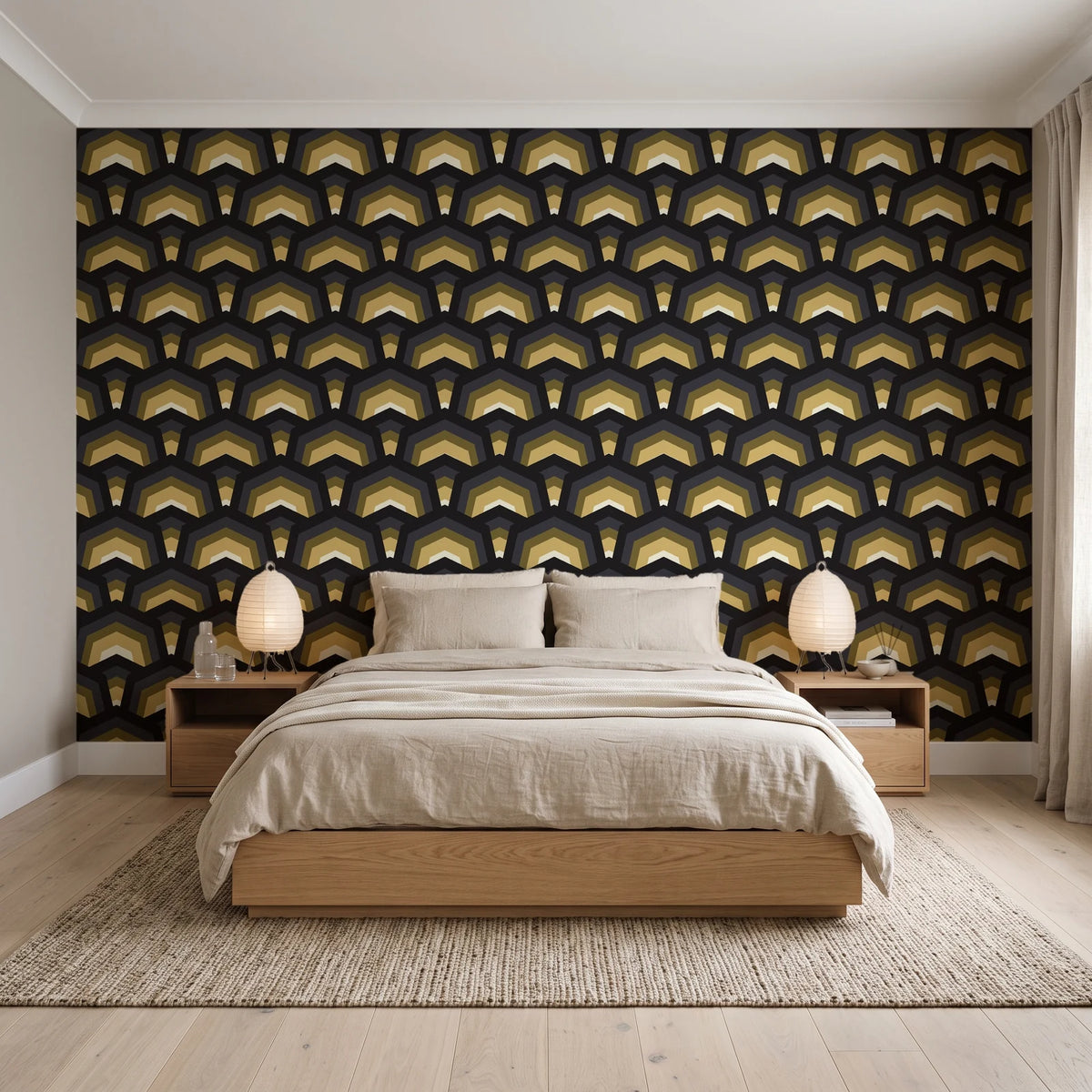 Ocean Fortress Onyx art deco scale wallpaper behind a low platform bed in a serene Japandi bedroom