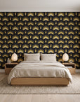Ocean Fortress Onyx art deco scale wallpaper behind a low platform bed in a serene Japandi bedroom