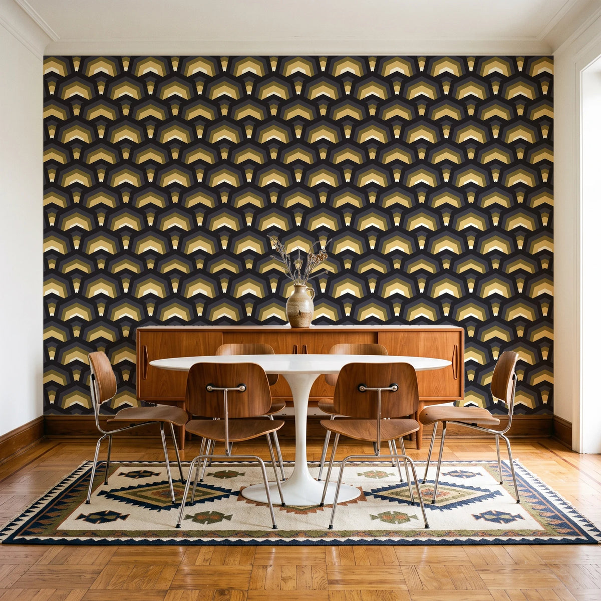 Ocean Fortress Onyx art deco scale wallpaper in a mid-century dining room with a teak sideboard and tulip table
