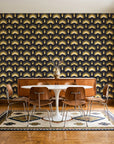 Ocean Fortress Onyx art deco scale wallpaper in a mid-century dining room with a teak sideboard and tulip table