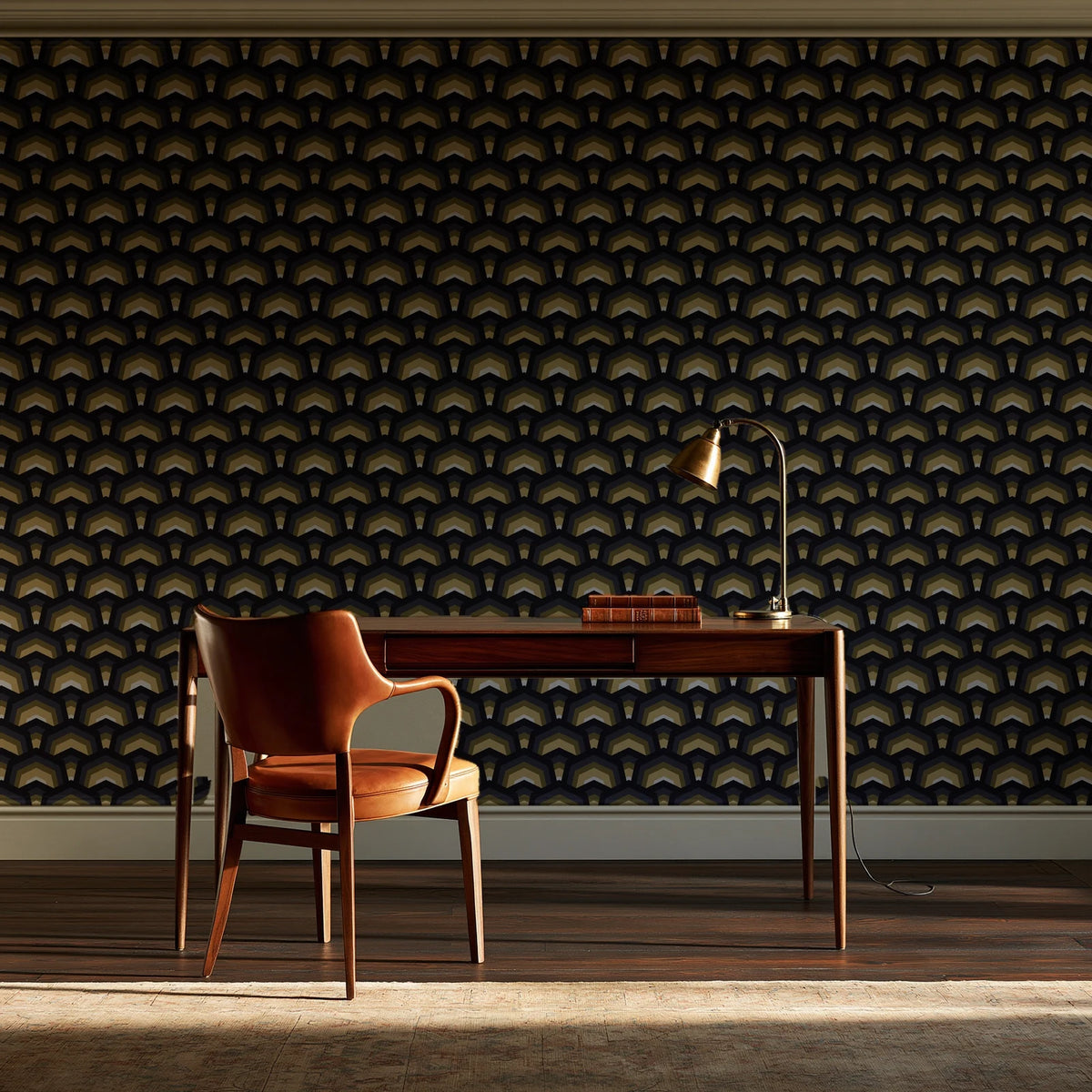 Ocean Fortress Onyx art deco scale wallpaper as a feature wall in a home study