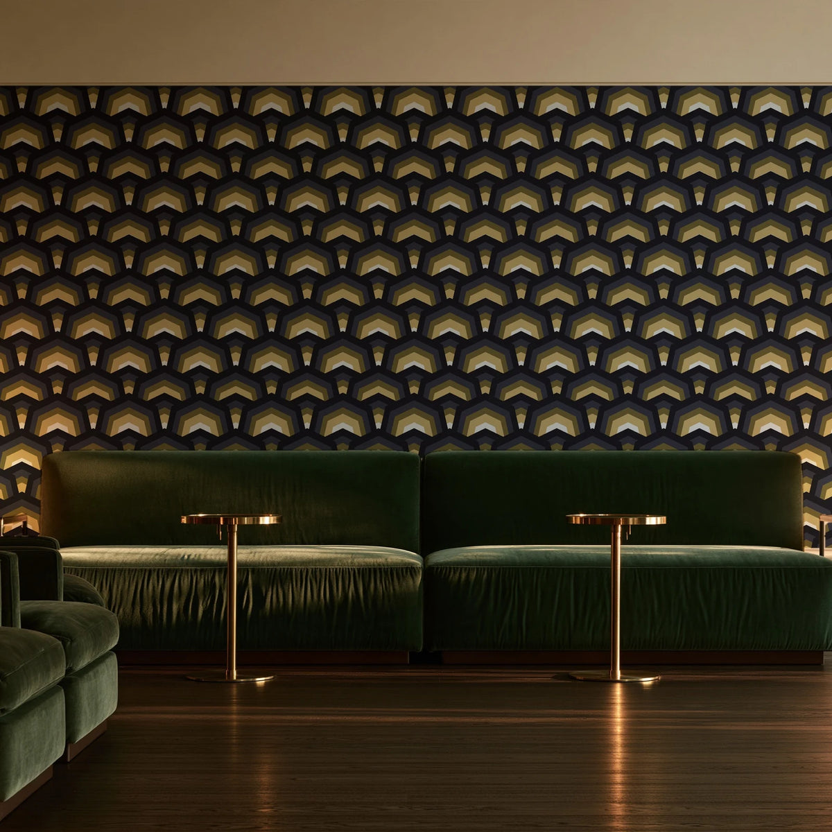 Ocean Fortress Onyx art deco scale wallpaper in an intimate luxury cocktail lounge