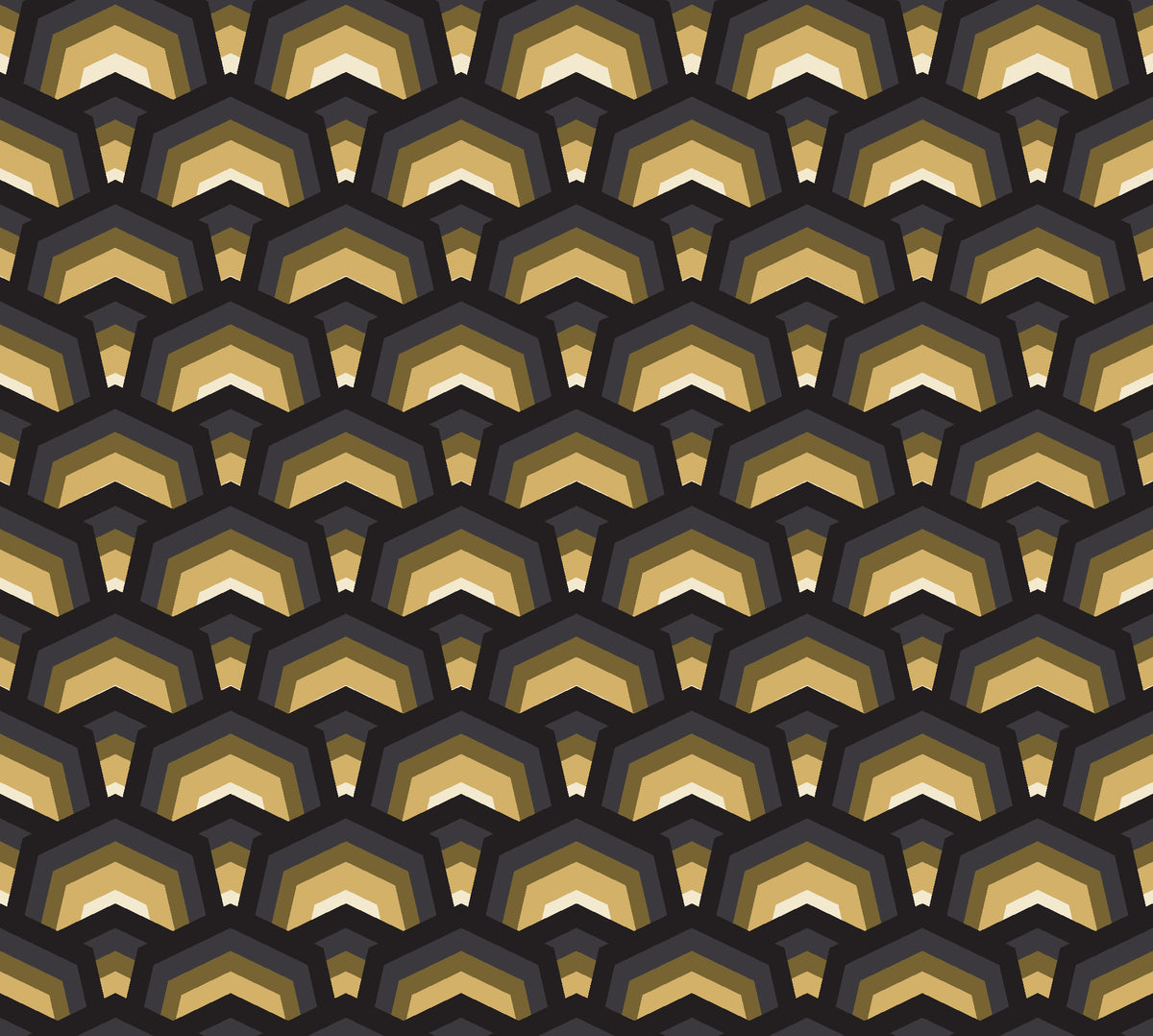 Ocean Fortress Onyx art deco scale wallpaper in onyx and gold