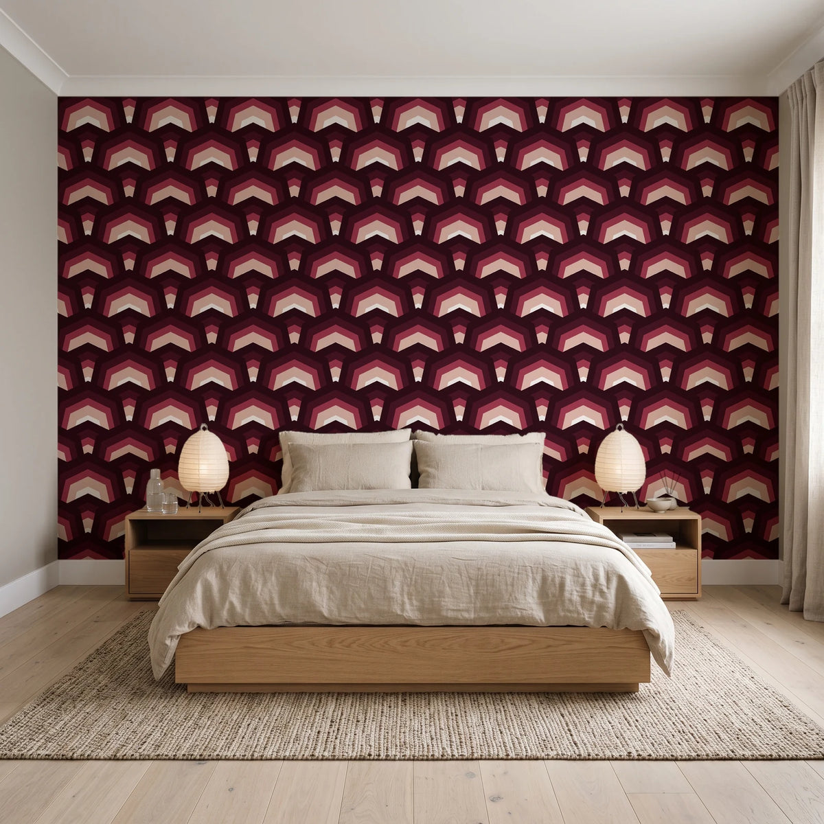 Ocean Fortress Oxblood art deco scale wallpaper behind a low platform bed in a serene Japandi bedroom