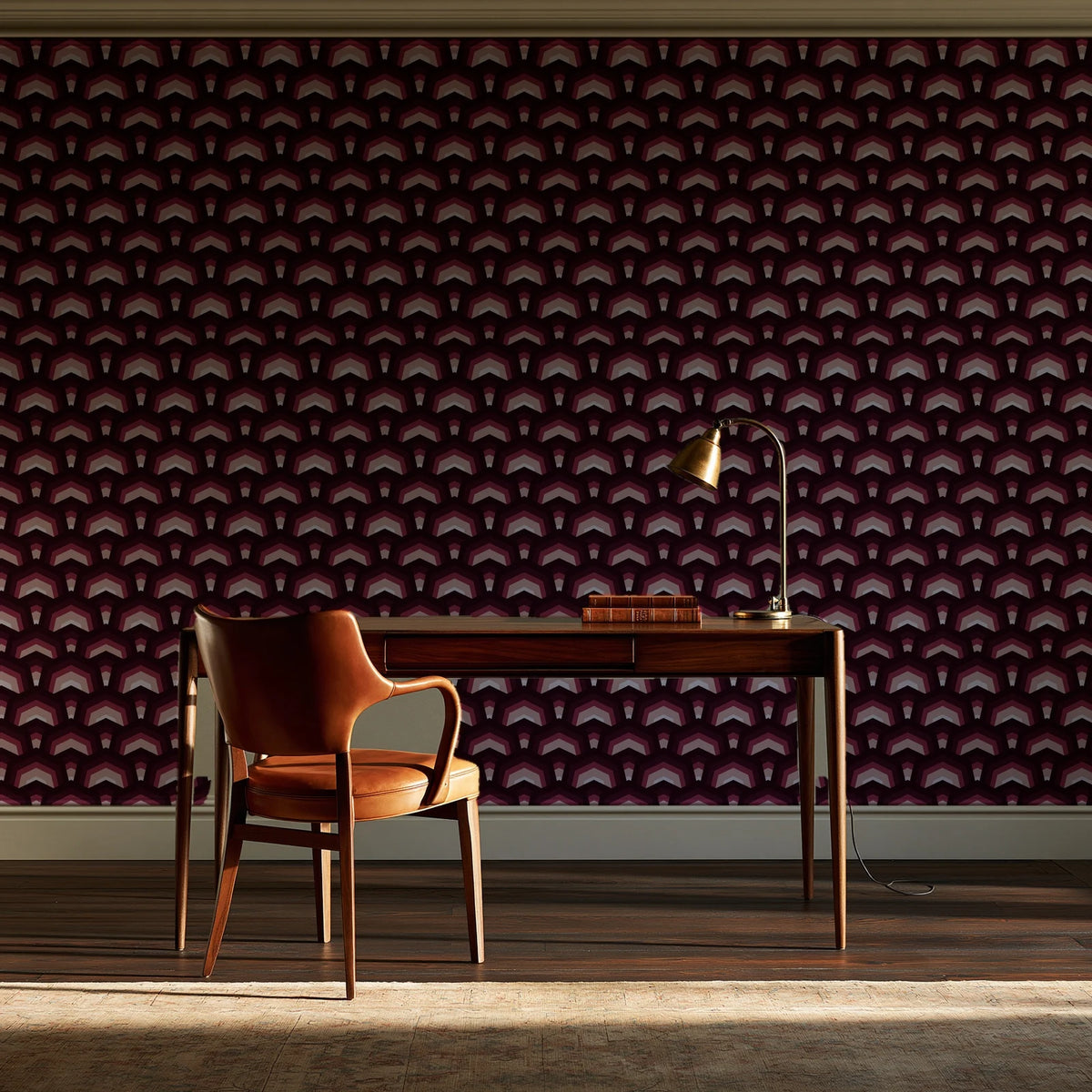 Ocean Fortress Oxblood art deco scale wallpaper as a feature wall in a home study