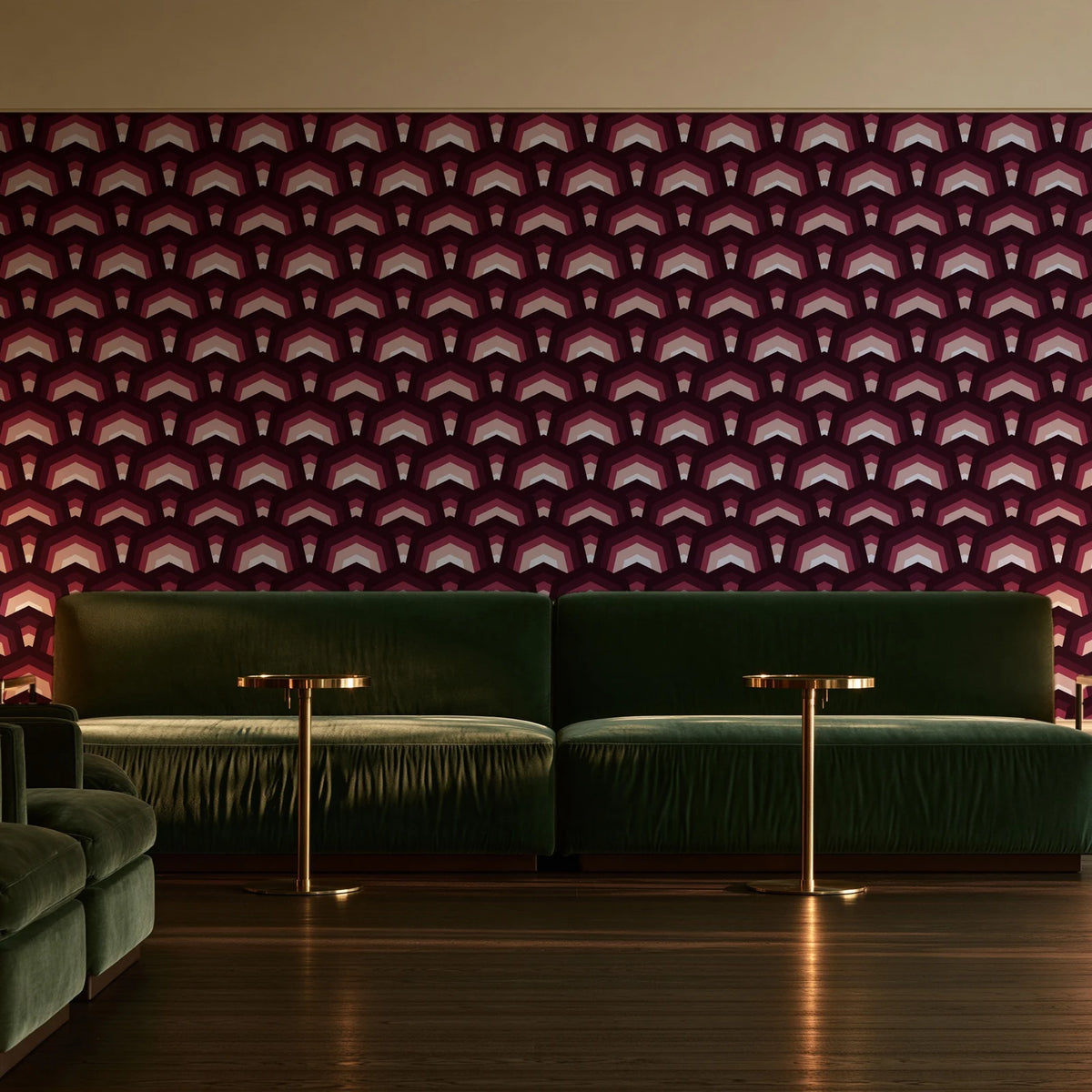 Ocean Fortress Oxblood art deco scale wallpaper in an intimate luxury cocktail lounge