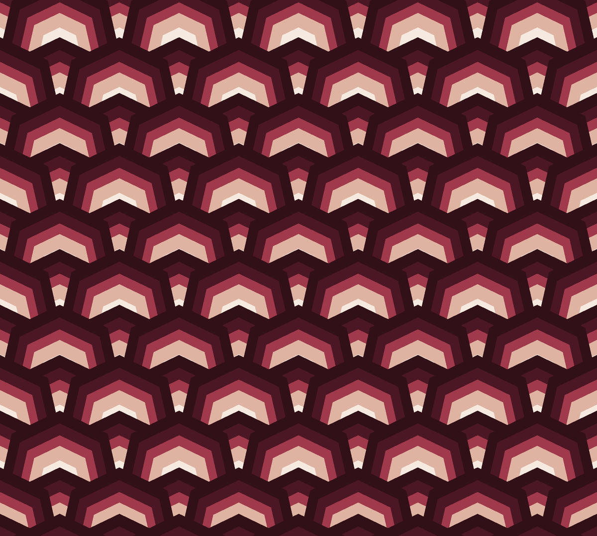 Ocean Fortress Oxblood art deco scale wallpaper in oxblood and blush