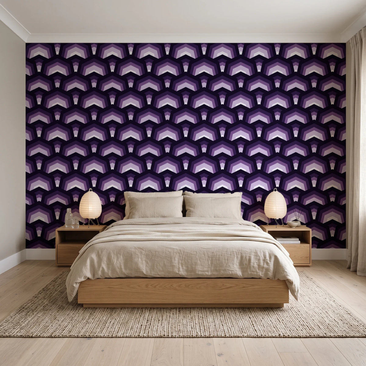 Ocean Fortress Plum art deco scale wallpaper behind a low platform bed in a serene Japandi bedroom