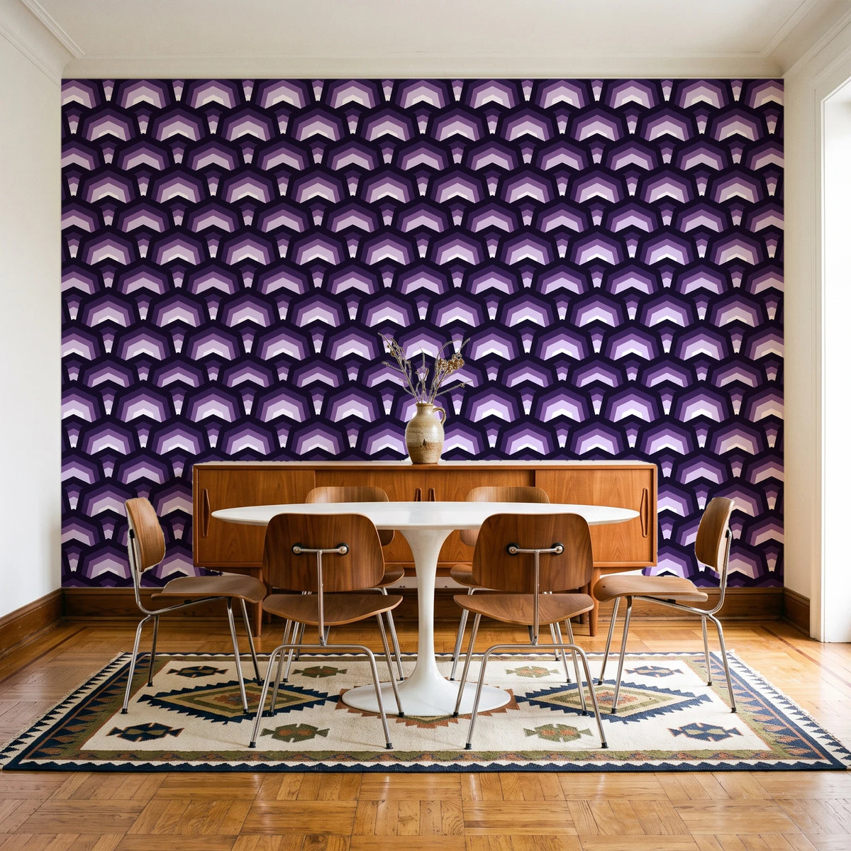 Ocean Fortress Plum art deco scale wallpaper in a mid-century dining room with a teak sideboard and tulip table