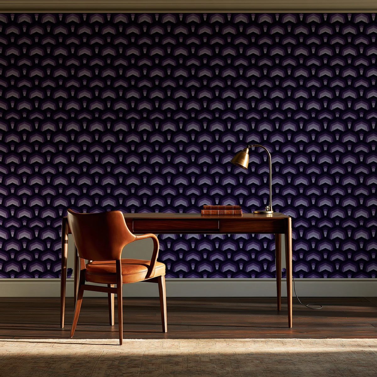 Ocean Fortress Plum art deco scale wallpaper as a feature wall in a home study