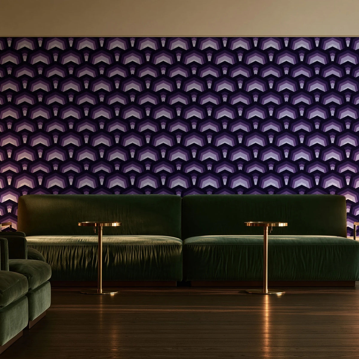 Ocean Fortress Plum art deco scale wallpaper in an intimate luxury cocktail lounge