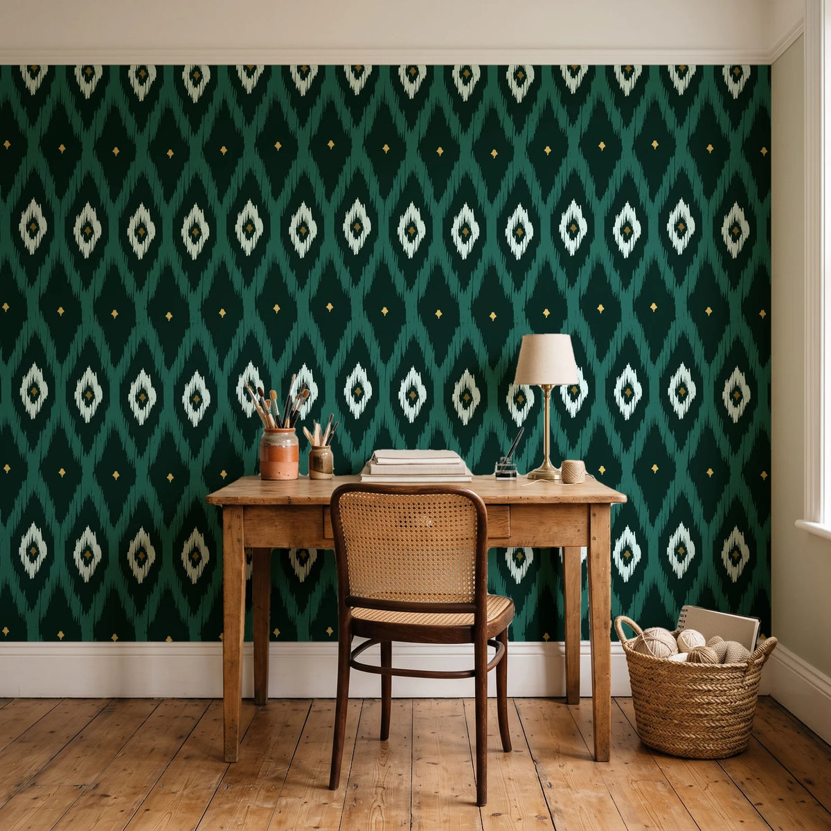 Ogee Loom Emerald ikat ogee wallpaper behind a vintage writing desk in a cozy craft-room home office