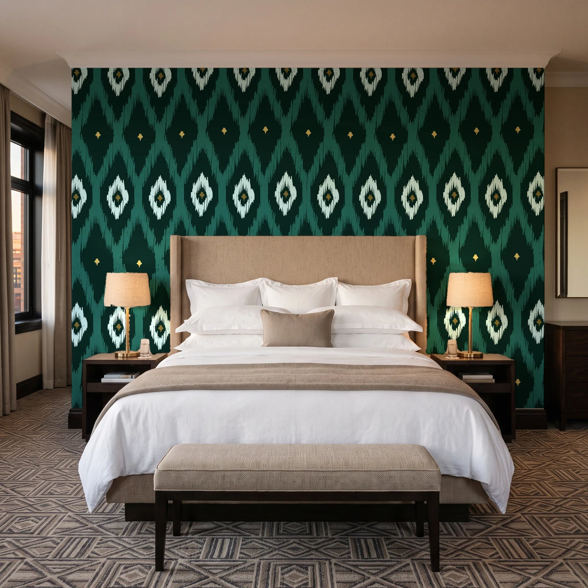 Ogee Loom Emerald ikat ogee wallpaper behind the headboard of a king bed in a contemporary hotel guest room