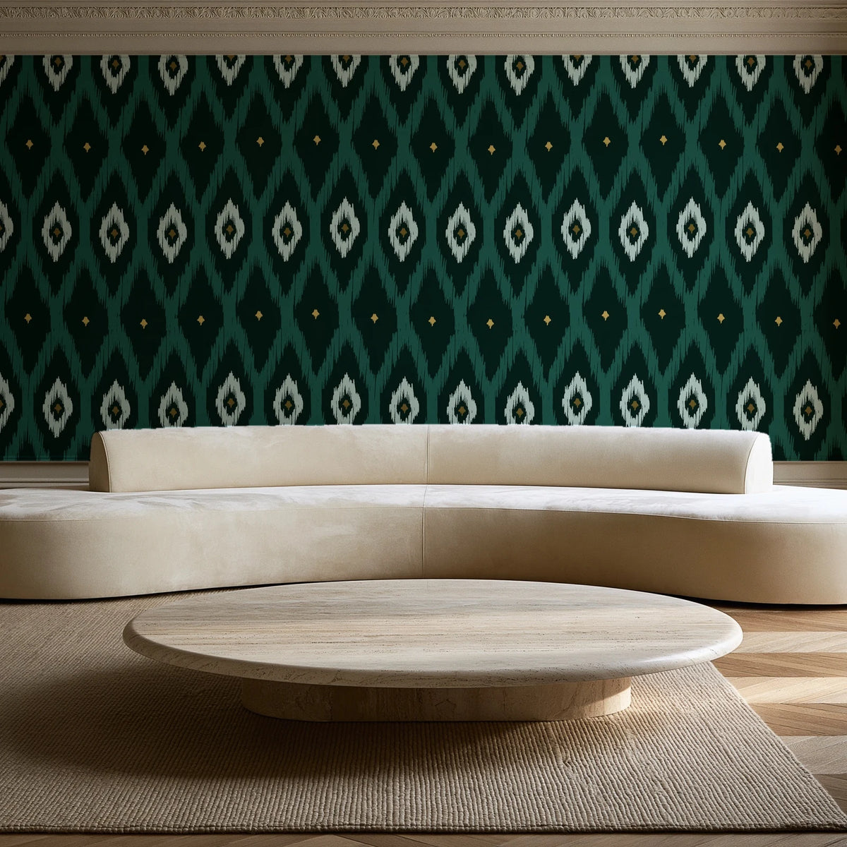 Ogee Loom Emerald ikat ogee wallpaper in an elegant living room