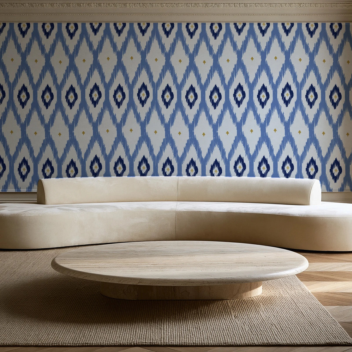 Ogee Loom Indigo ikat ogee wallpaper in an elegant living room