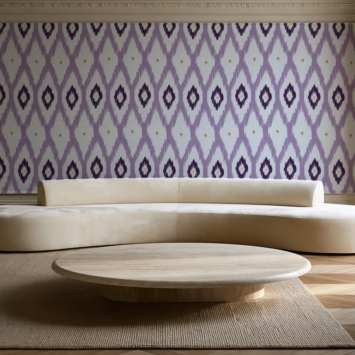 Ogee Loom Plum ikat ogee wallpaper in an elegant living room