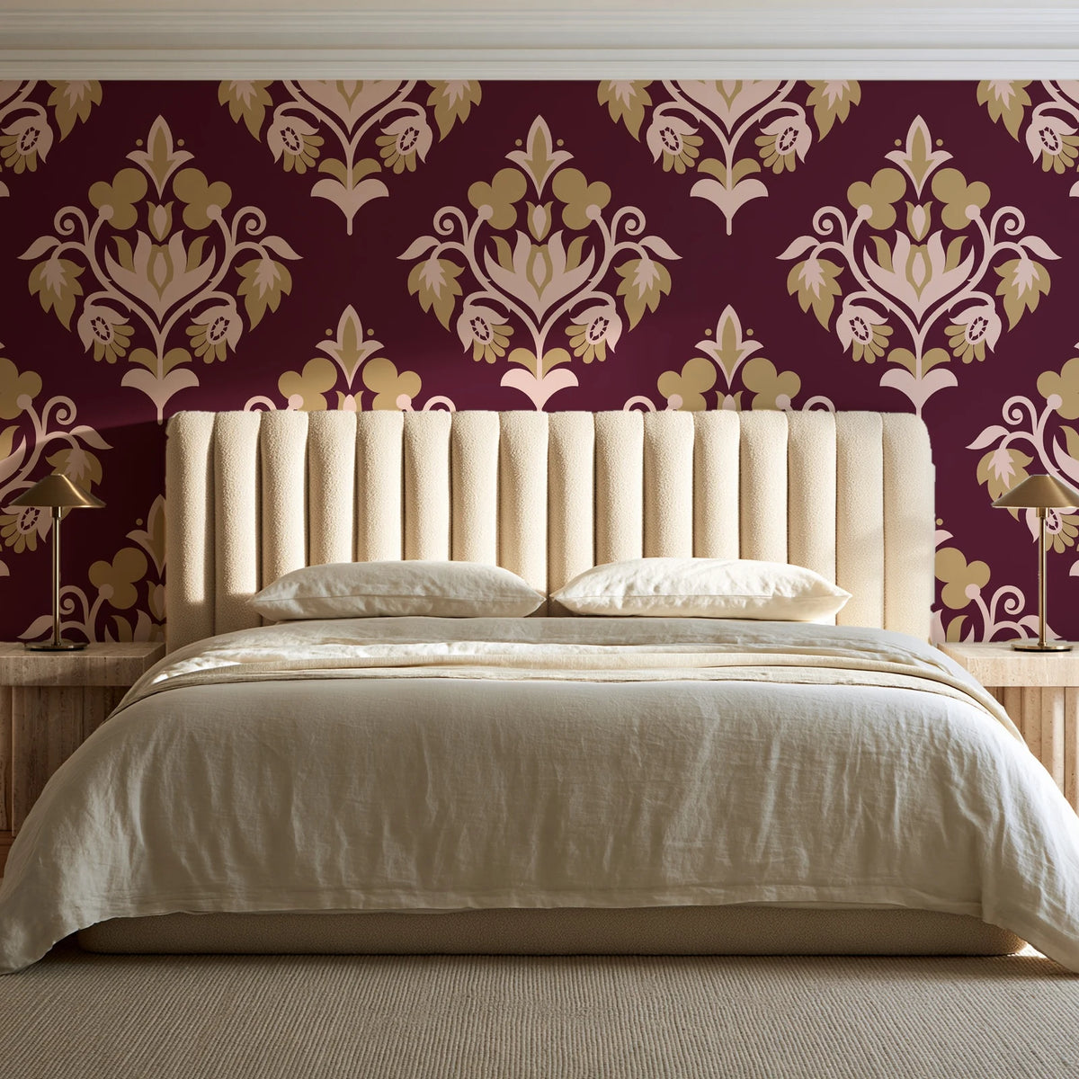 Old World Flora Burgundy floral damask wallpaper behind a channel-tufted bed in a calm primary bedroom