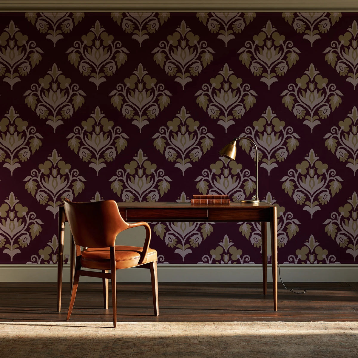 Old World Flora Burgundy floral damask wallpaper as a feature wall in a home study