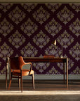 Old World Flora Burgundy floral damask wallpaper as a feature wall in a home study