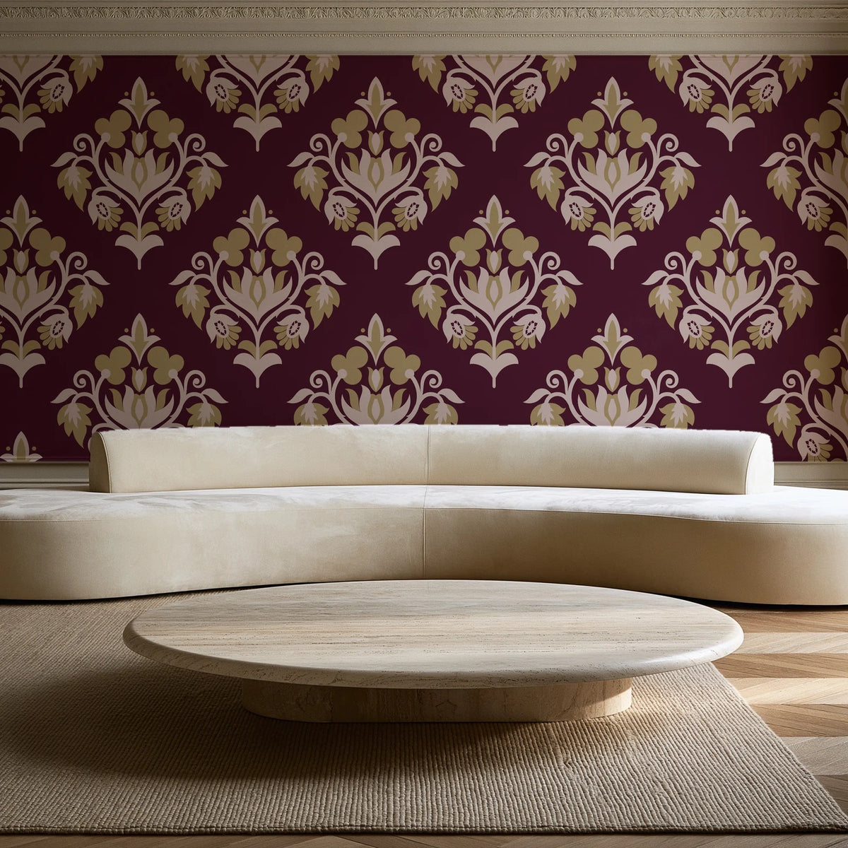 Old World Flora Burgundy floral damask wallpaper in an elegant living room