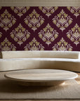 Old World Flora Burgundy floral damask wallpaper in an elegant living room