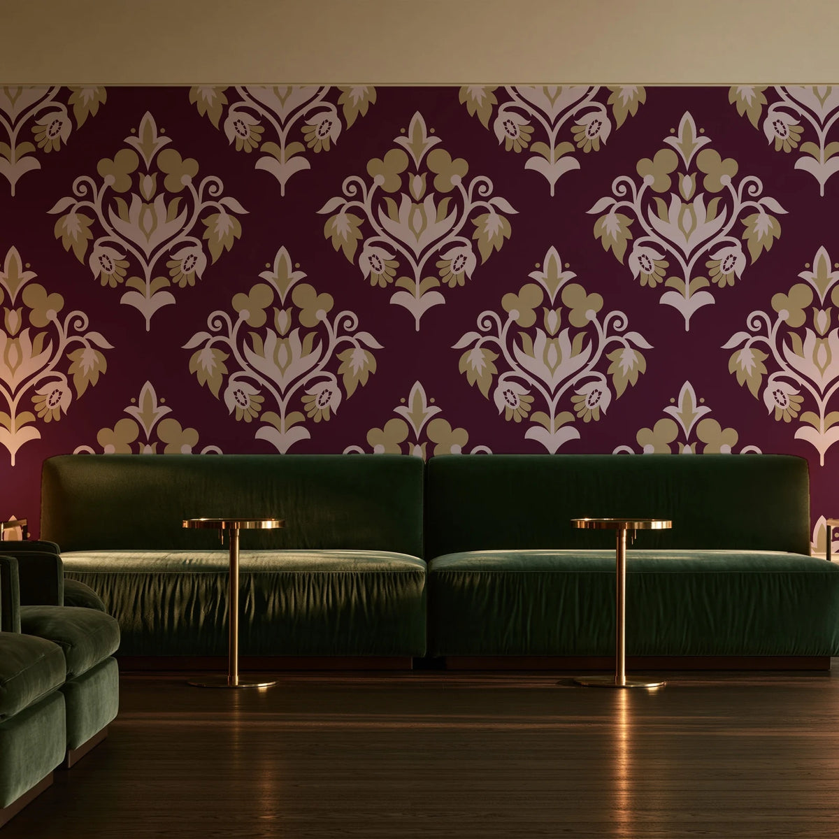 Old World Flora Burgundy floral damask wallpaper in an intimate luxury cocktail lounge