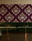 Old World Flora Burgundy floral damask wallpaper in an intimate luxury cocktail lounge