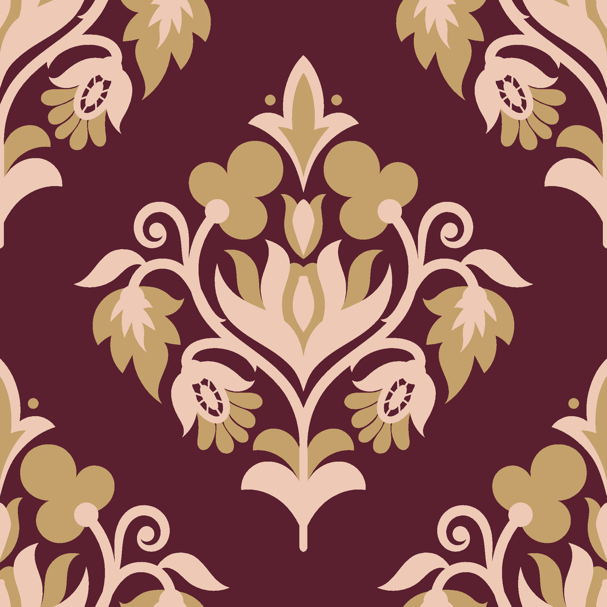 Old World Flora Burgundy floral damask wallpaper in burgundy and gold