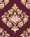 Old World Flora Burgundy floral damask wallpaper in burgundy and gold