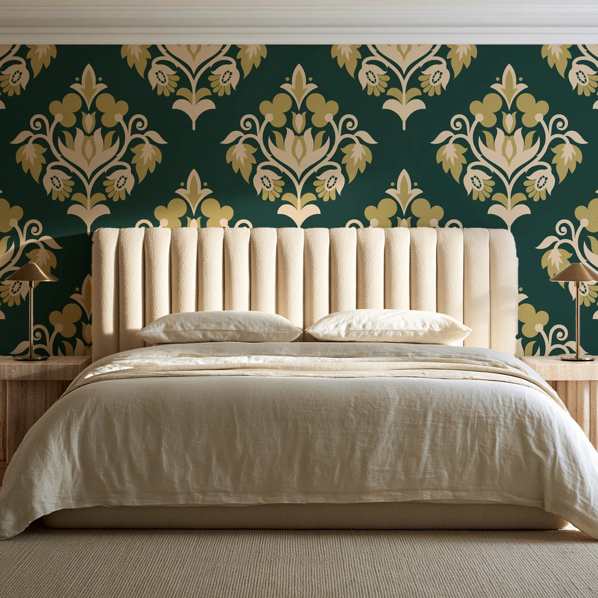 Old World Flora Evergreen floral damask wallpaper behind a channel-tufted bed in a calm primary bedroom