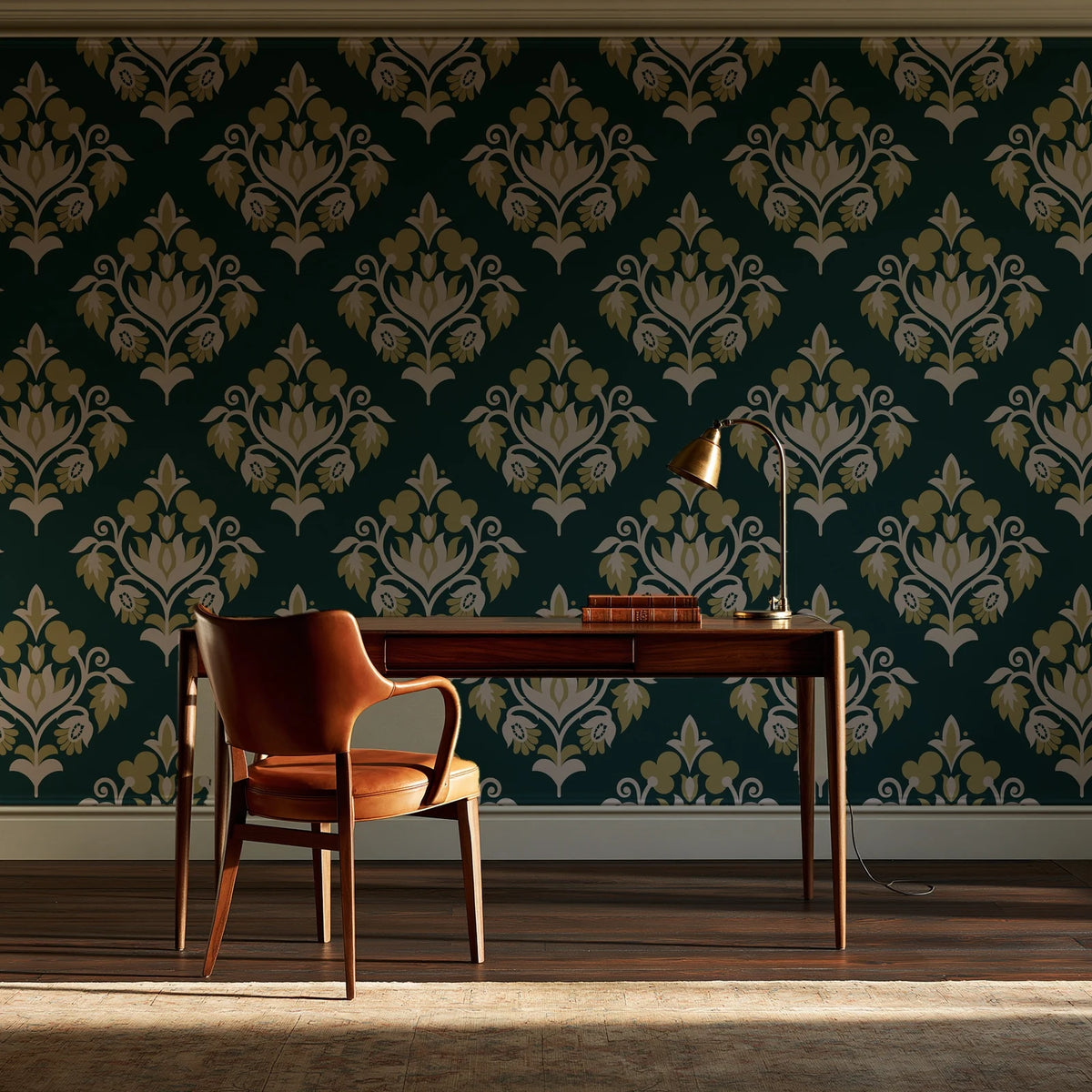 Old World Flora Evergreen floral damask wallpaper as a feature wall in a home study