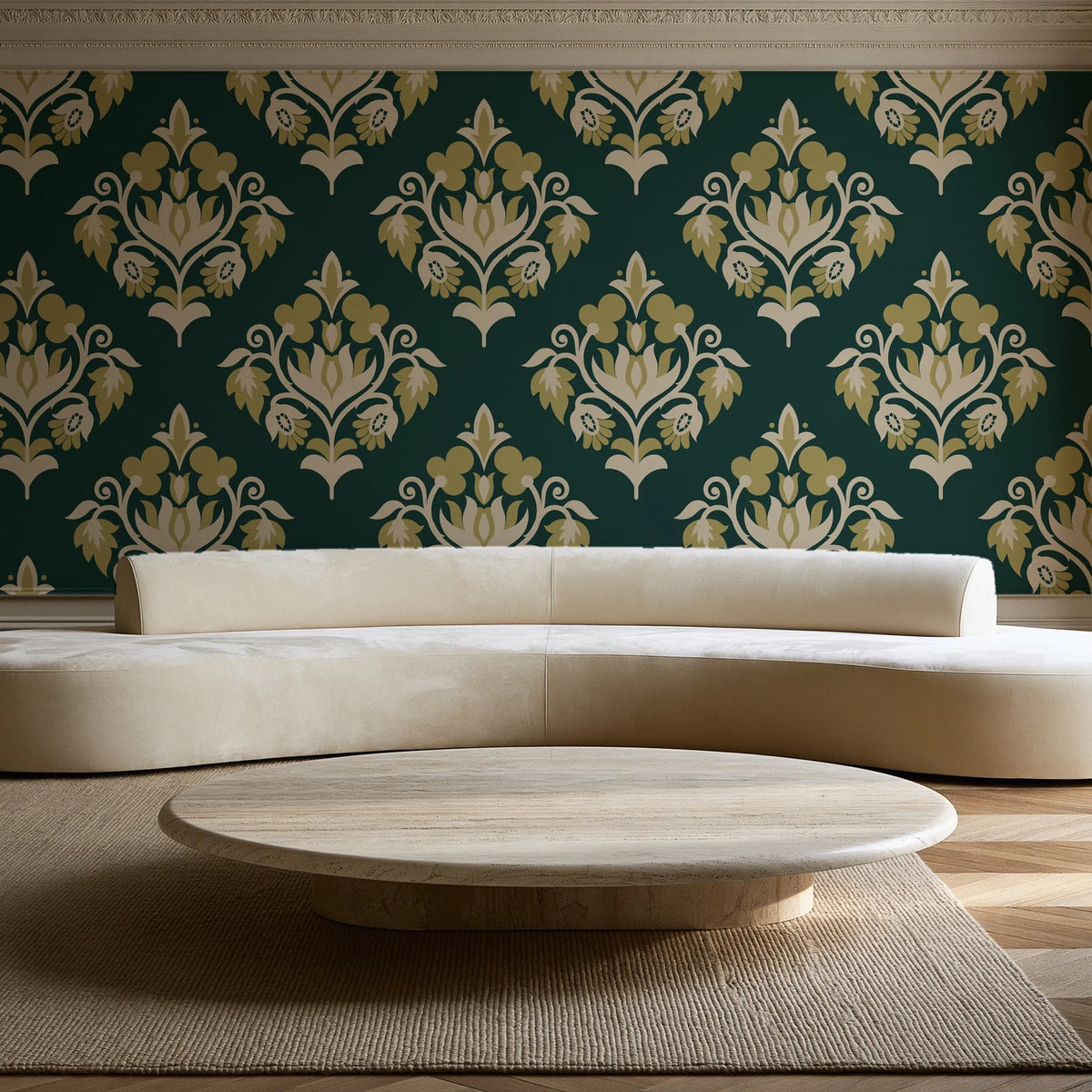 Old World Flora Evergreen floral damask wallpaper in an elegant living room