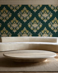 Old World Flora Evergreen floral damask wallpaper in an elegant living room
